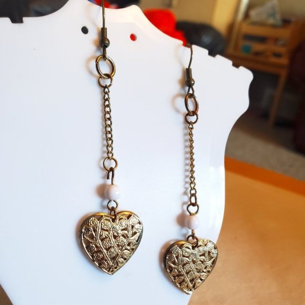 2.5IN Bronze Hook Gold Open Heart Theme Earrings